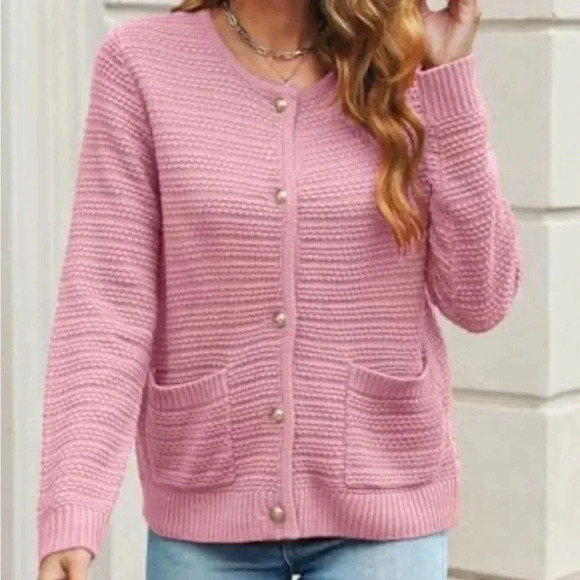 Halife Women’s Large Pink Acrylic Knit Button Up Cardigan Sweater - Picture 8 of 8